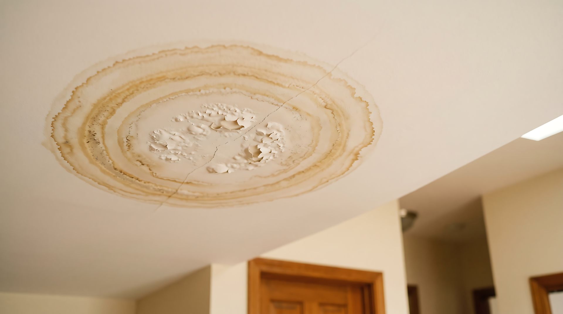 Water-stained ceiling with peeling paint and visible cracks.