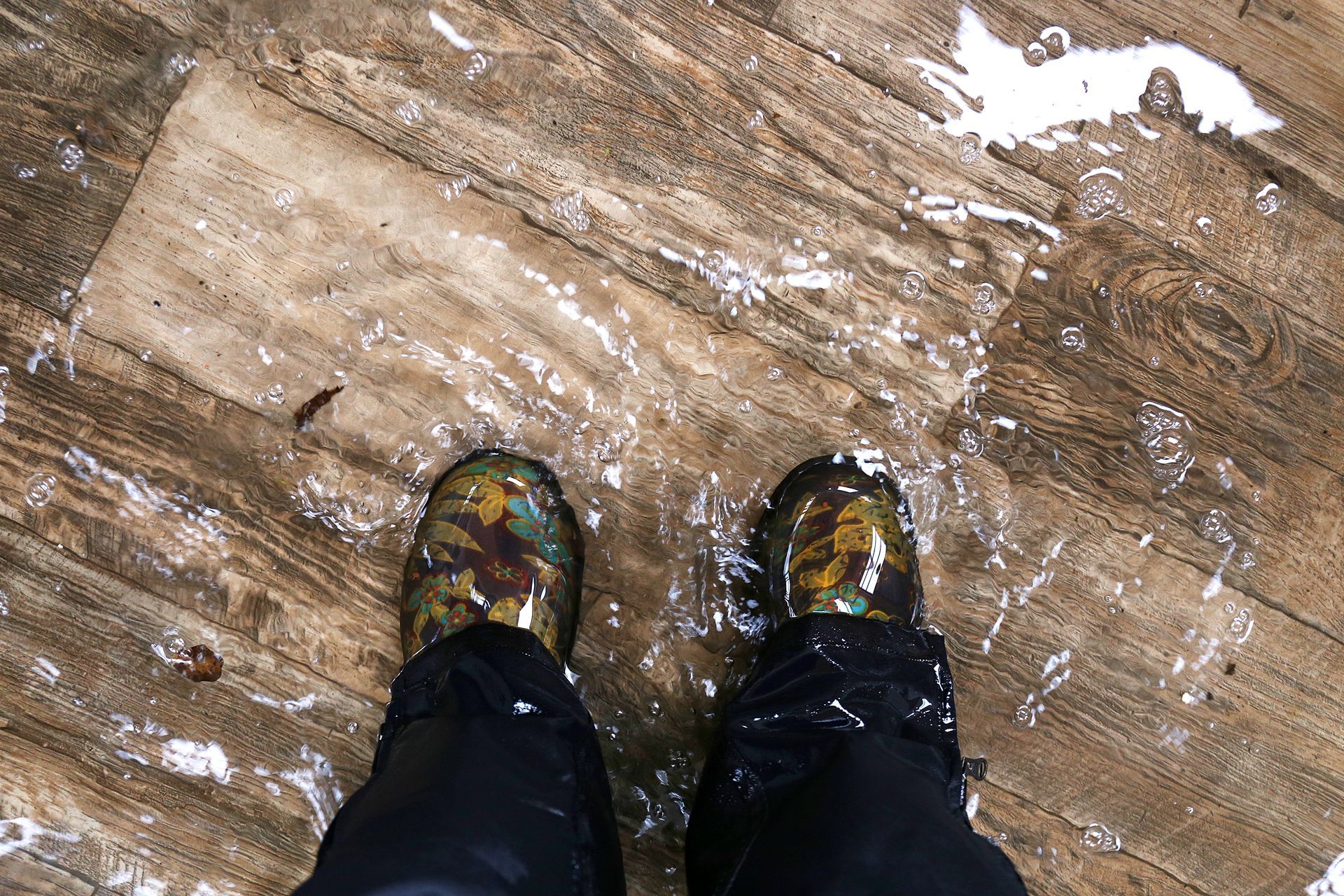 Rain boots standing in water pooled on a wood floor during indoor flooding. Rain boots standing in water pooled on a wood floor during indoor flooding.