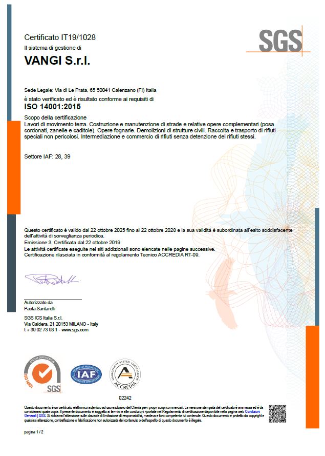 Certificato SGS per VANGIS Srl con logo e testo ufficiale su sfondo bianco.