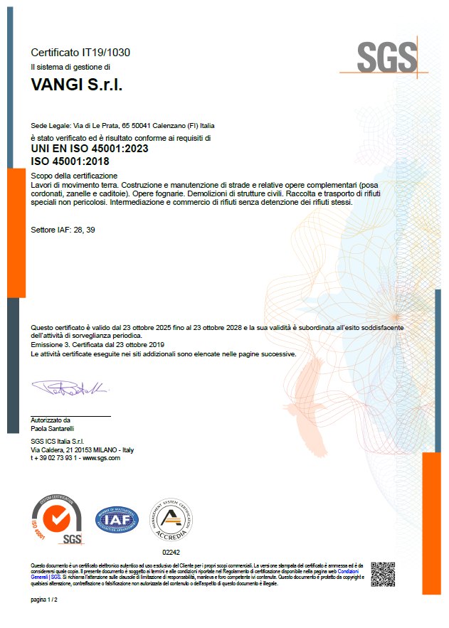 Documento di certificazione SGS con logo, blocchi di testo e dettagli laterali arancioni e blu.