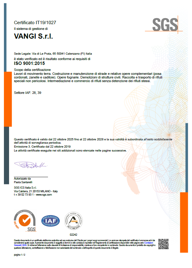Lettera di certificazione SGS per VANGI Srl con loghi e testo ufficiale su pagina bianca.