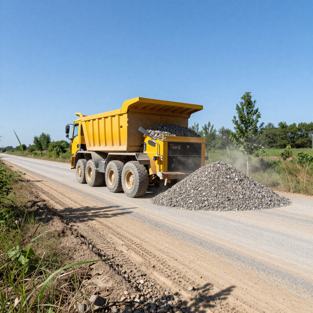 Un camion rosso che trasporta un grosso macchinario industriale su un rimorchio ribassato, a lato di una strada bagnata.