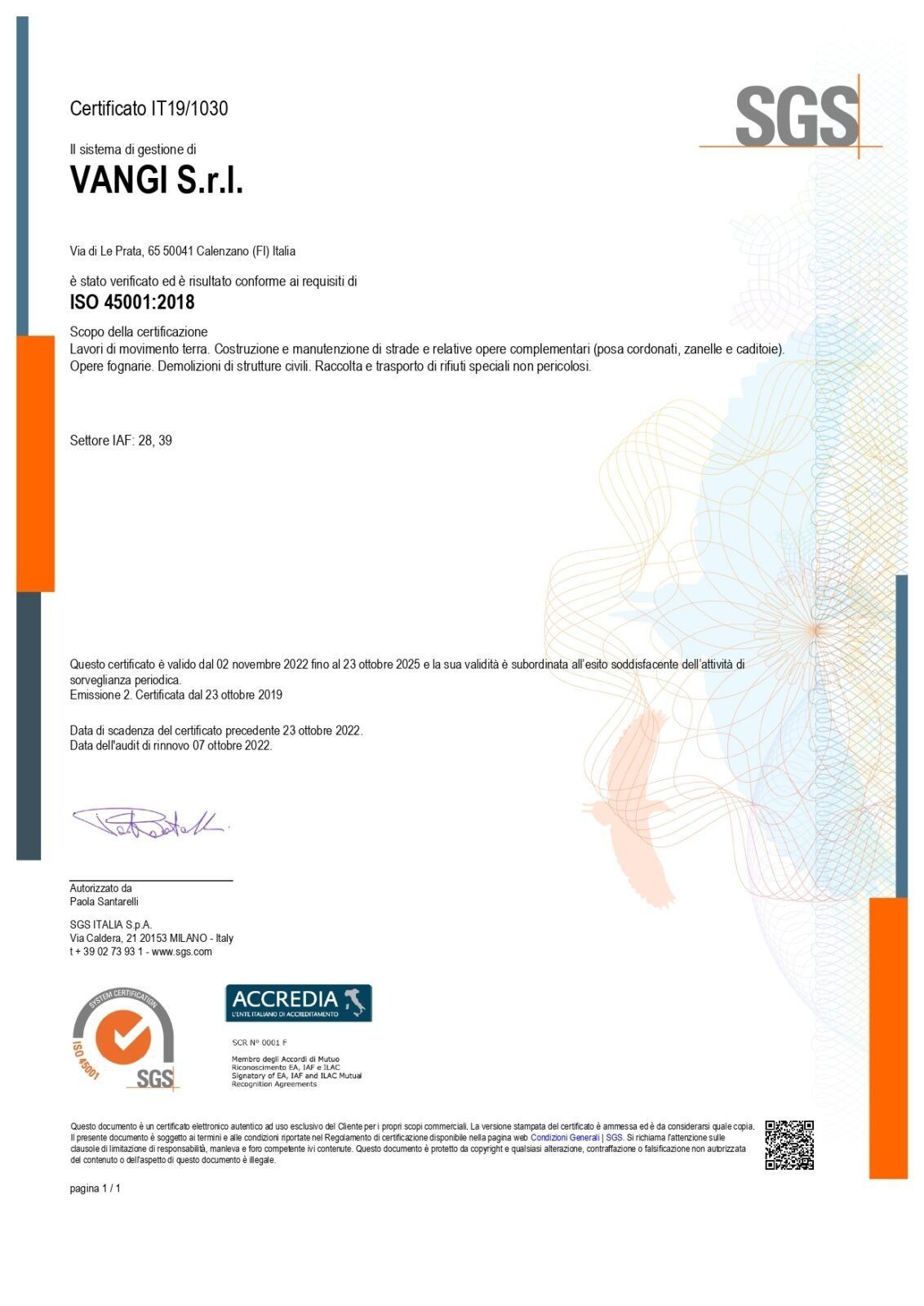 Certificato SGS per VANGIS Srl con logo e testo ufficiale su sfondo bianco.