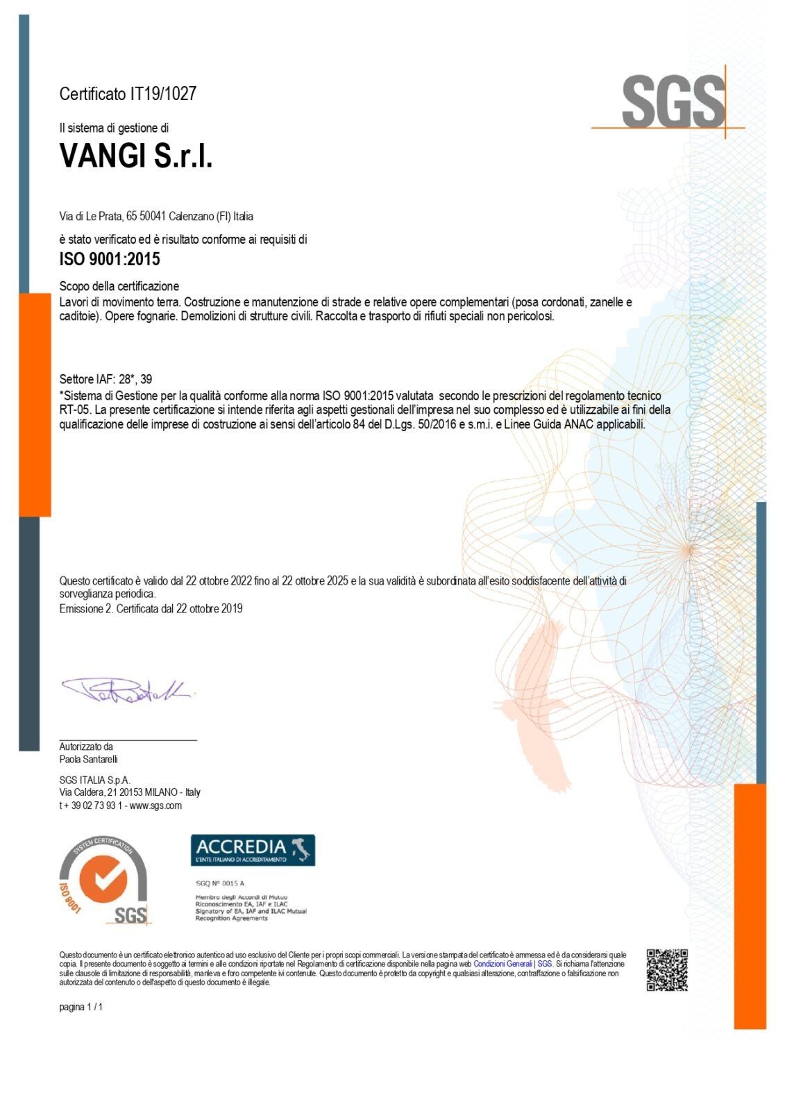 Lettera di certificazione SGS per VANGI Srl con loghi e testo ufficiale su pagina bianca.
