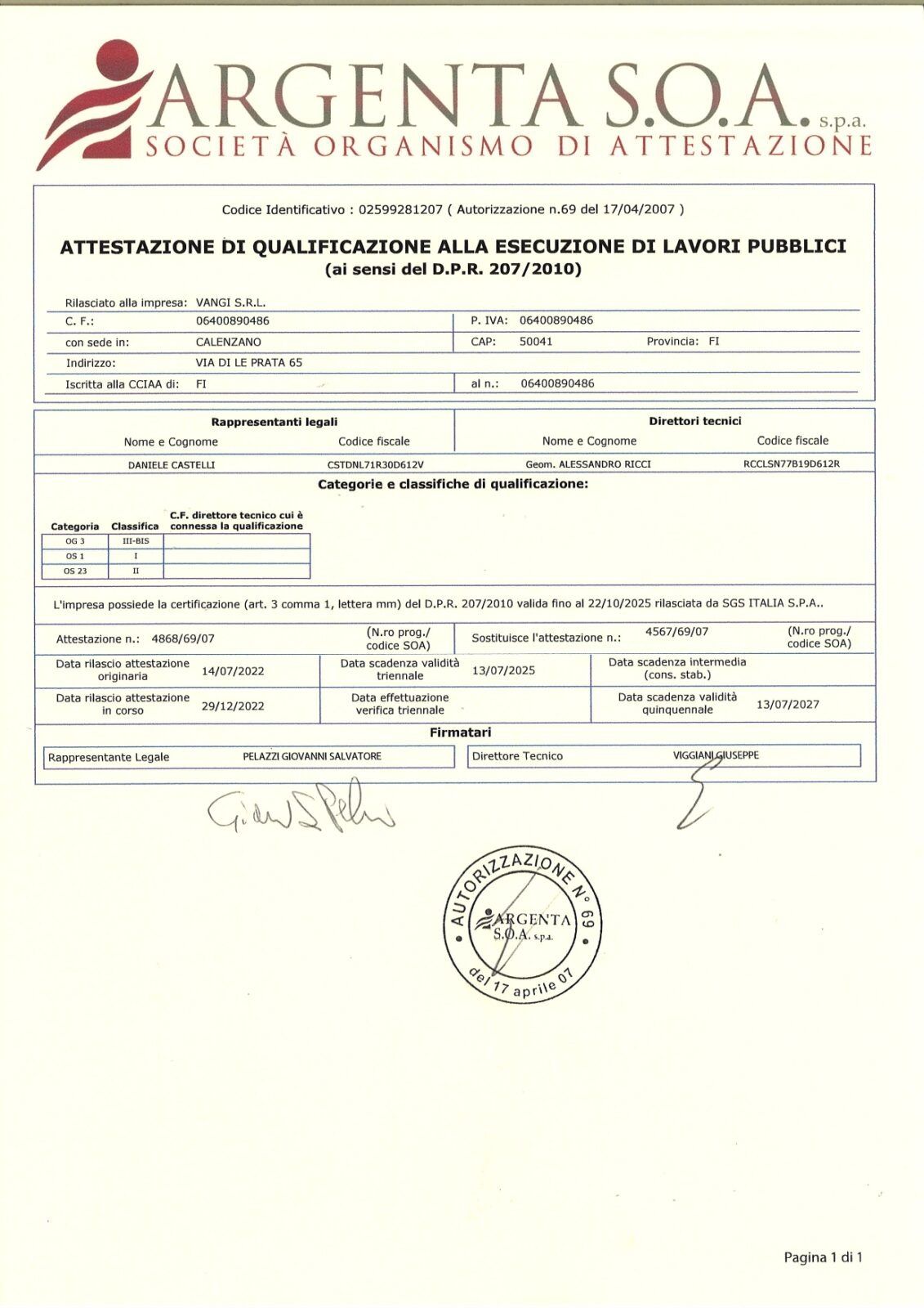 Documento SOA di Argenta scansionato con loghi, campi del modulo dattiloscritti, firme e timbro circolare.
