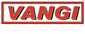 Logo VANGI in rosso e nero con lo slogan “PASSION THAT MOVES” su sfondo scuro