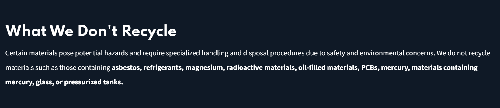 Dark banner titled “What We Don’t Recycle” with small white explanatory text about waste items.