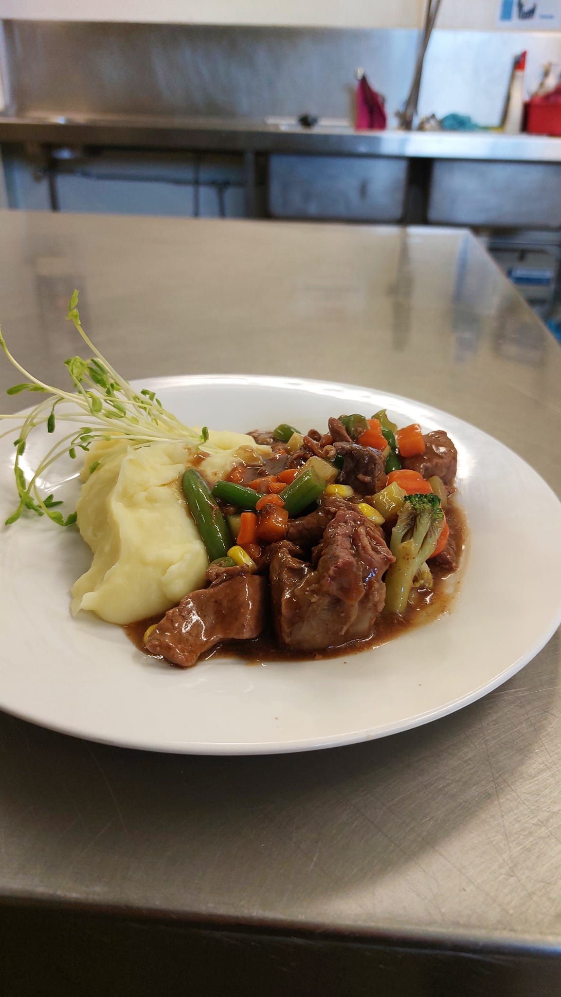 A White Plate of Beef Stew With Mixed Vegetables and Mashed Potatoes — Tre's Food To You in Mount Sheridan, QLD