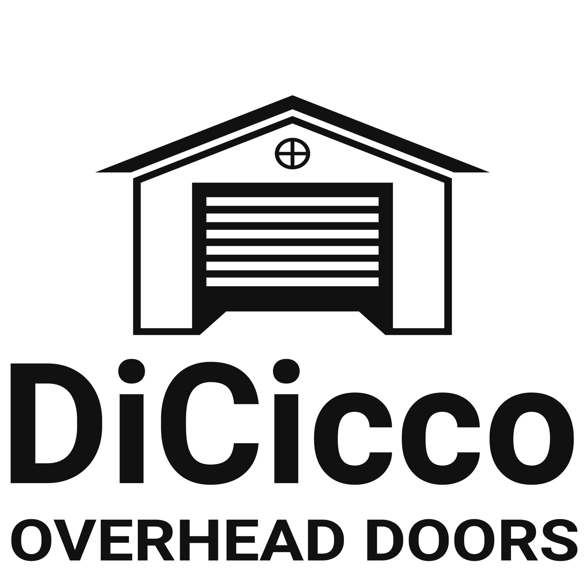 The logo for dicicco overhead doors shows a garage with a garage door.