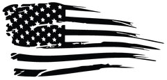 Distressed black and white American flag graphic with stars and stripes, appearing to be torn.