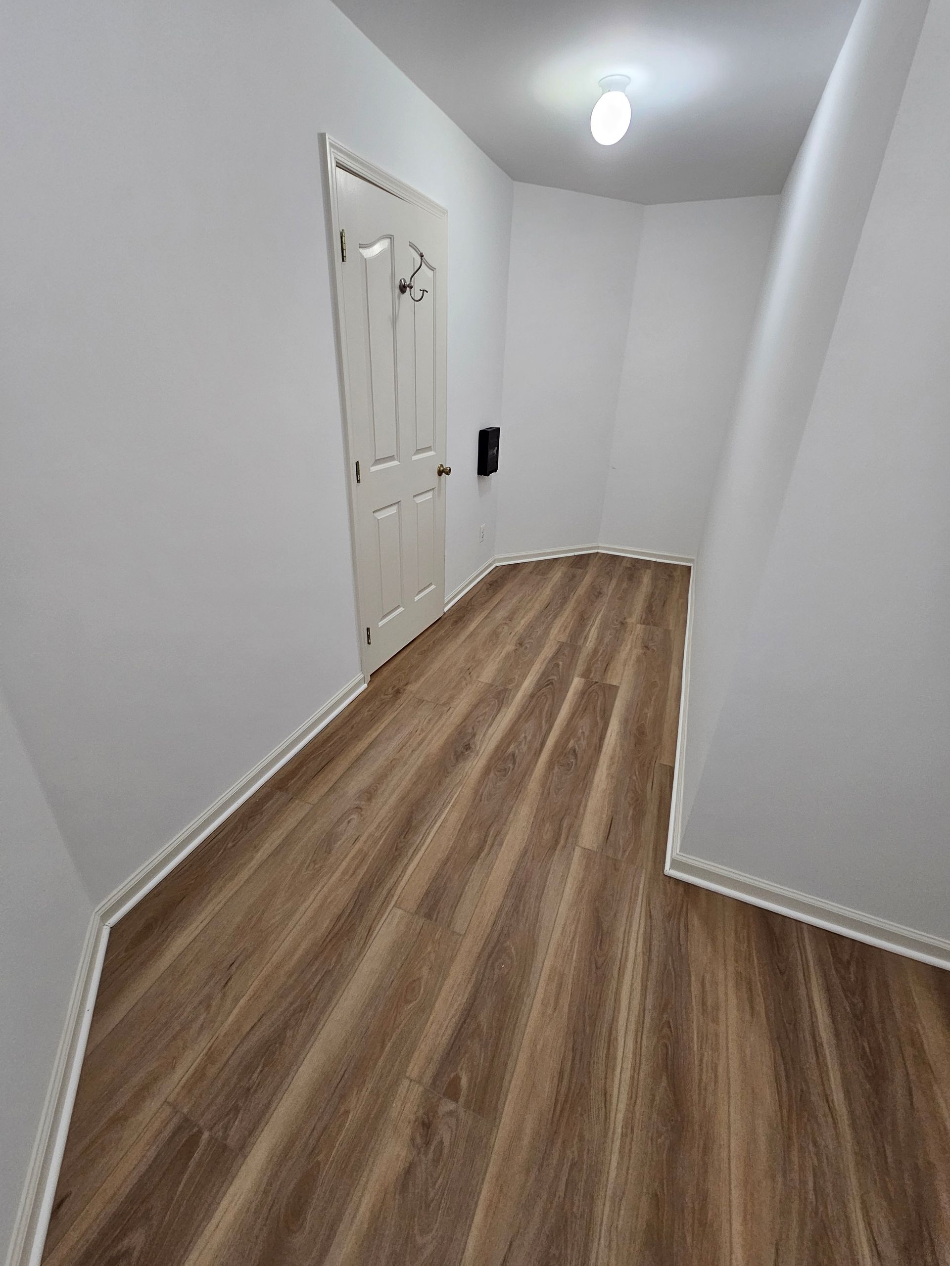 Narrow hallway with wood-look flooring, white walls, and a closed white door.