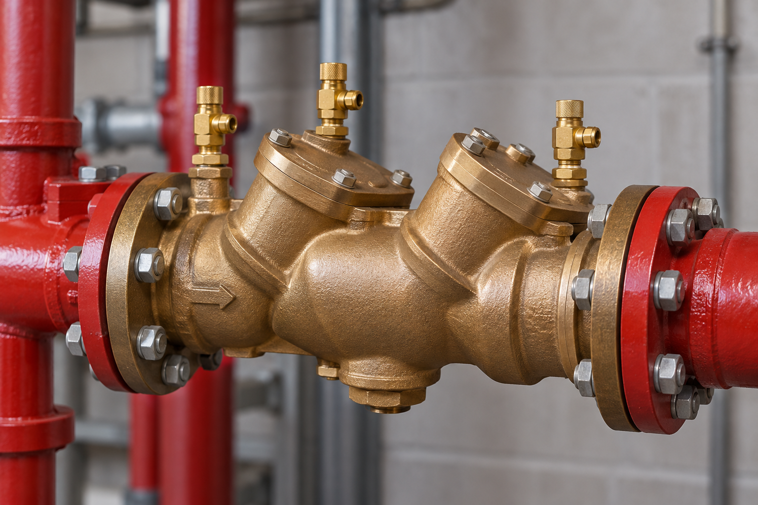 Brass industrial valve with red pipes and fittings in a mechanical room