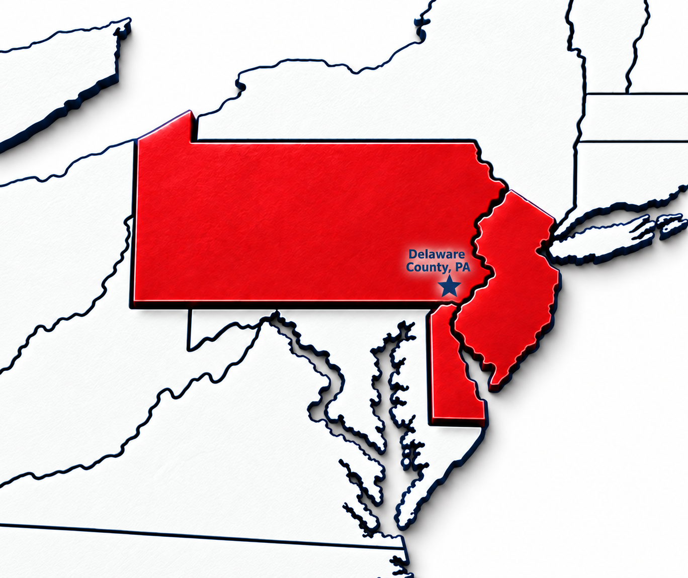 Red map highlight of Pennsylvania with a star marking Philadelphia in the Mid-Atlantic US.