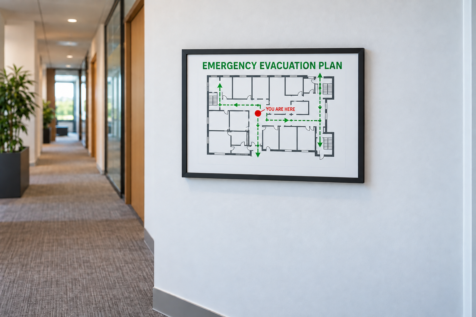 Hallway with a framed emergency evacuation plan on a white wall near a doorway.