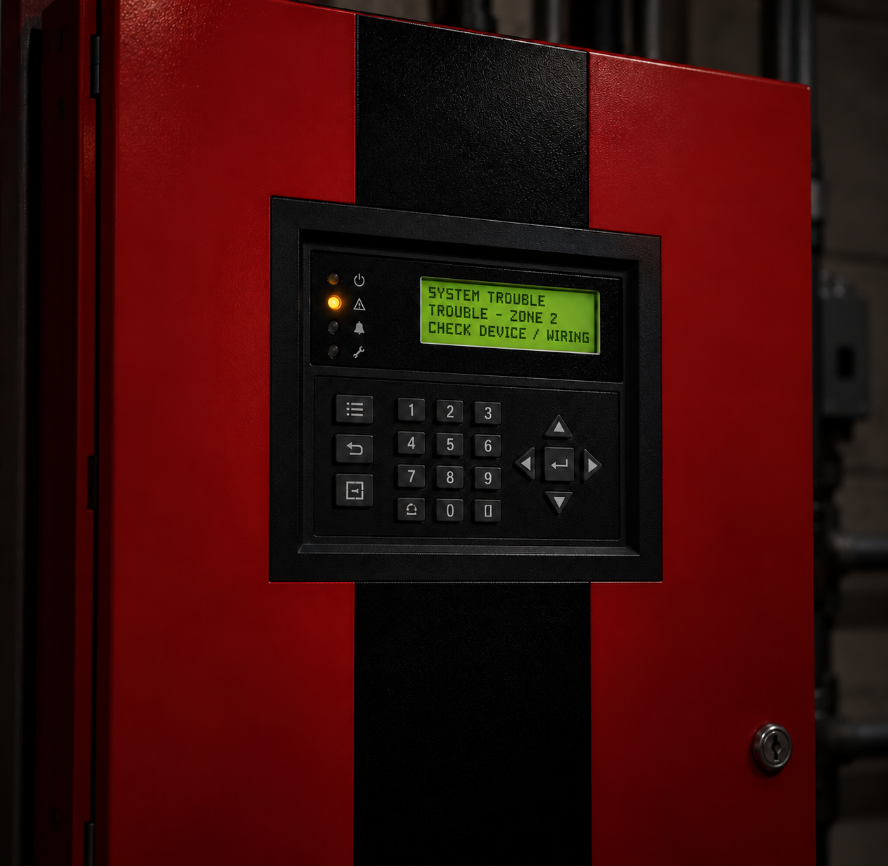 Red security control panel with keypad and green display on a red cabinet door