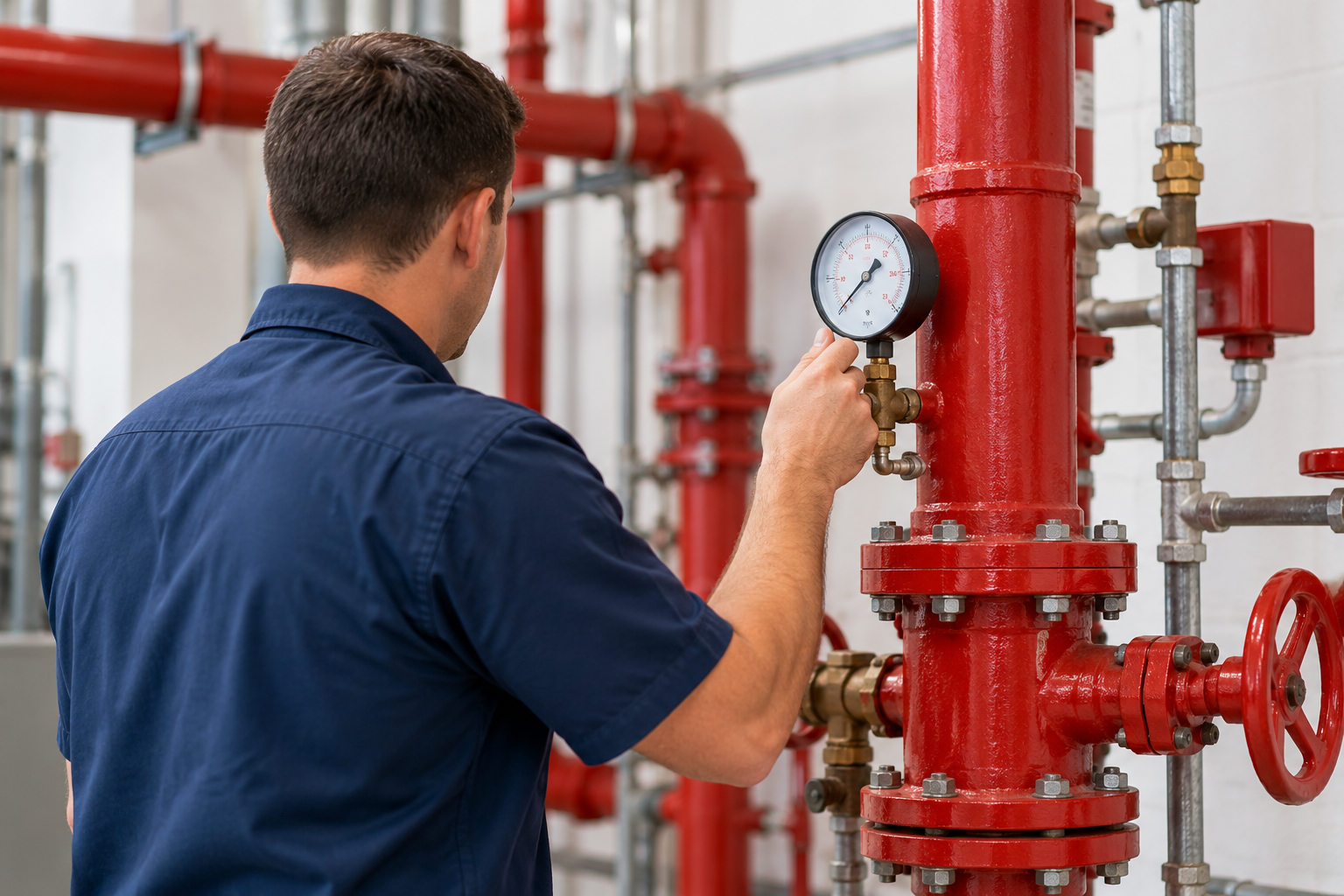 Worker inspecting a red industrial pipe with a pressure gauge in a utility room