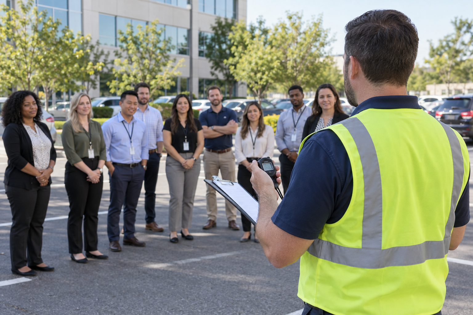 Safety briefing outdoors with a worker in a neon vest addressing a group beside an office building