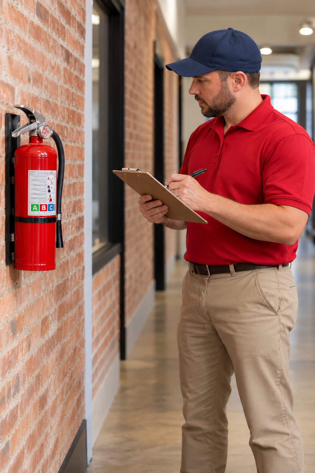 Worker in red shirt inspecting a wall-mounted fire extinguisher with a clipboard in a hallway.