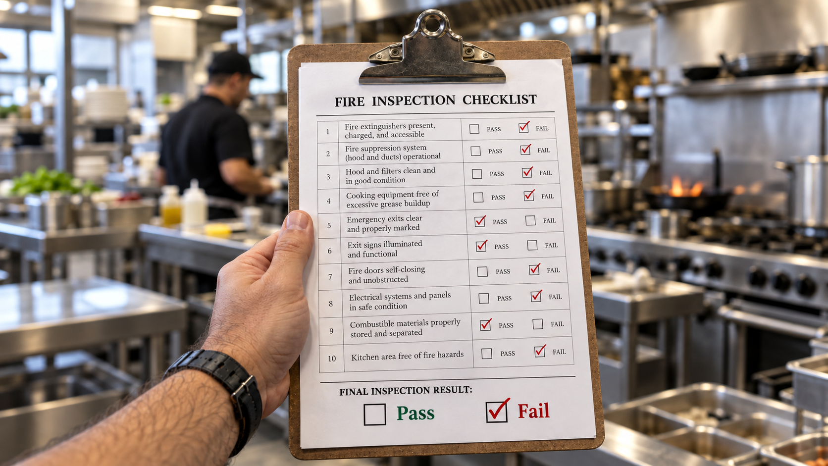 Hand holding a kitchen prep checklist on a clipboard in a busy restaurant kitchen
