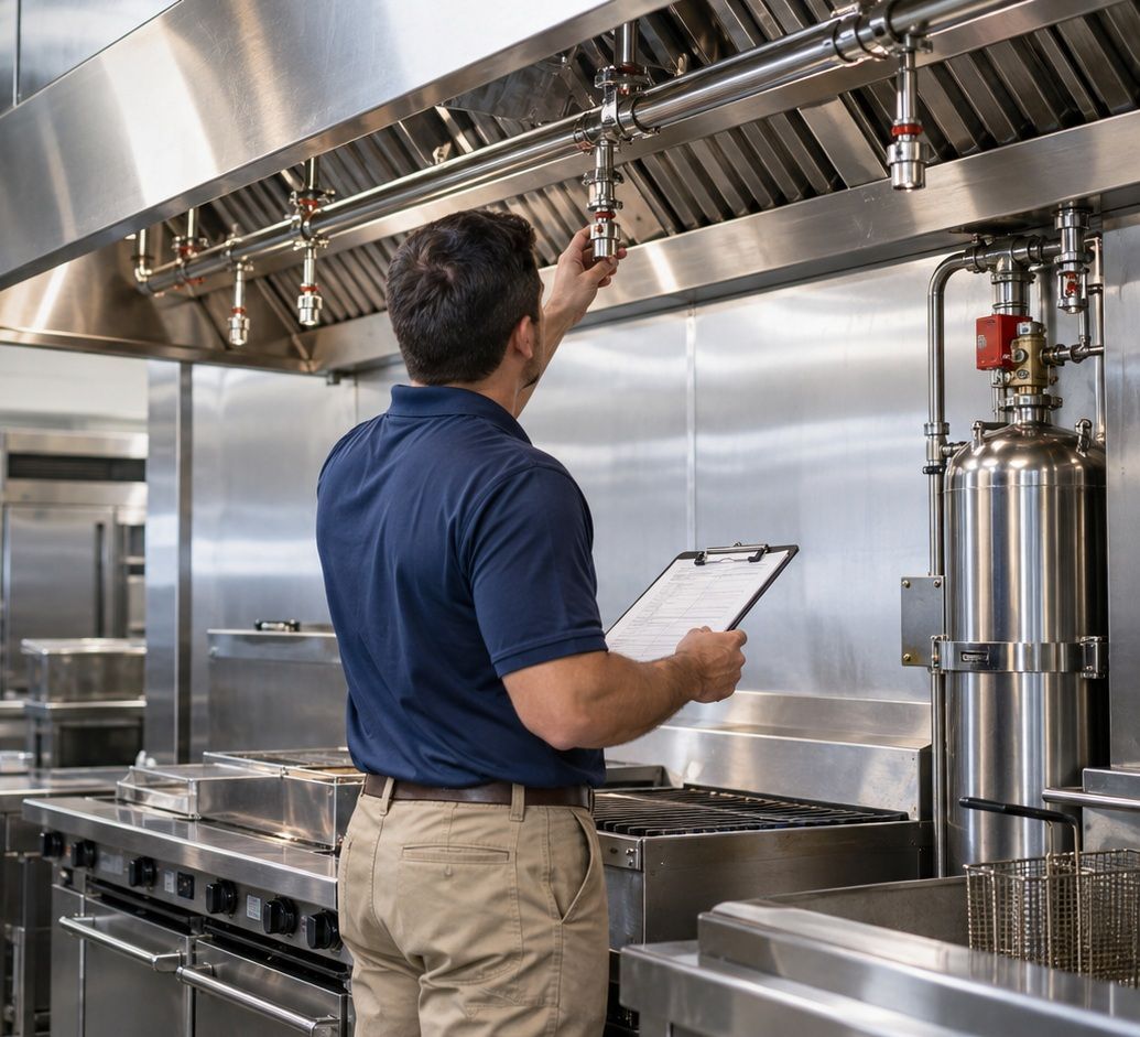 Technician inspecting kitchen equipment while holding a clipboard in a stainless-steel commercial kitchen