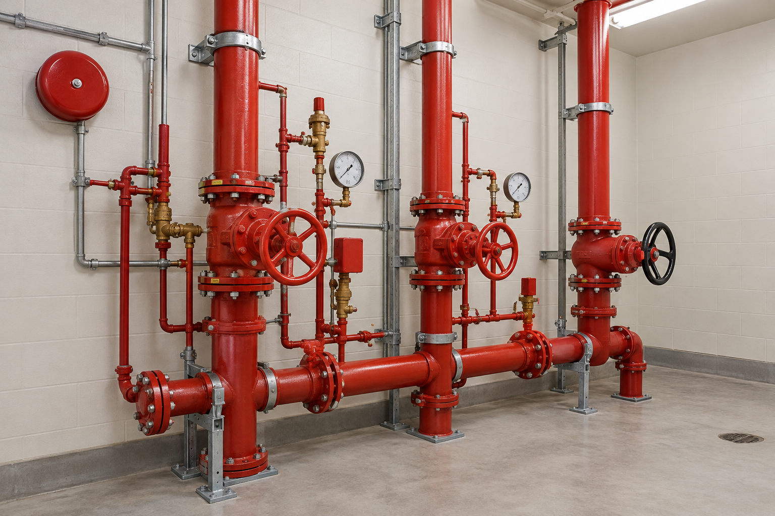 Red industrial pipes and valves in a clean mechanical room