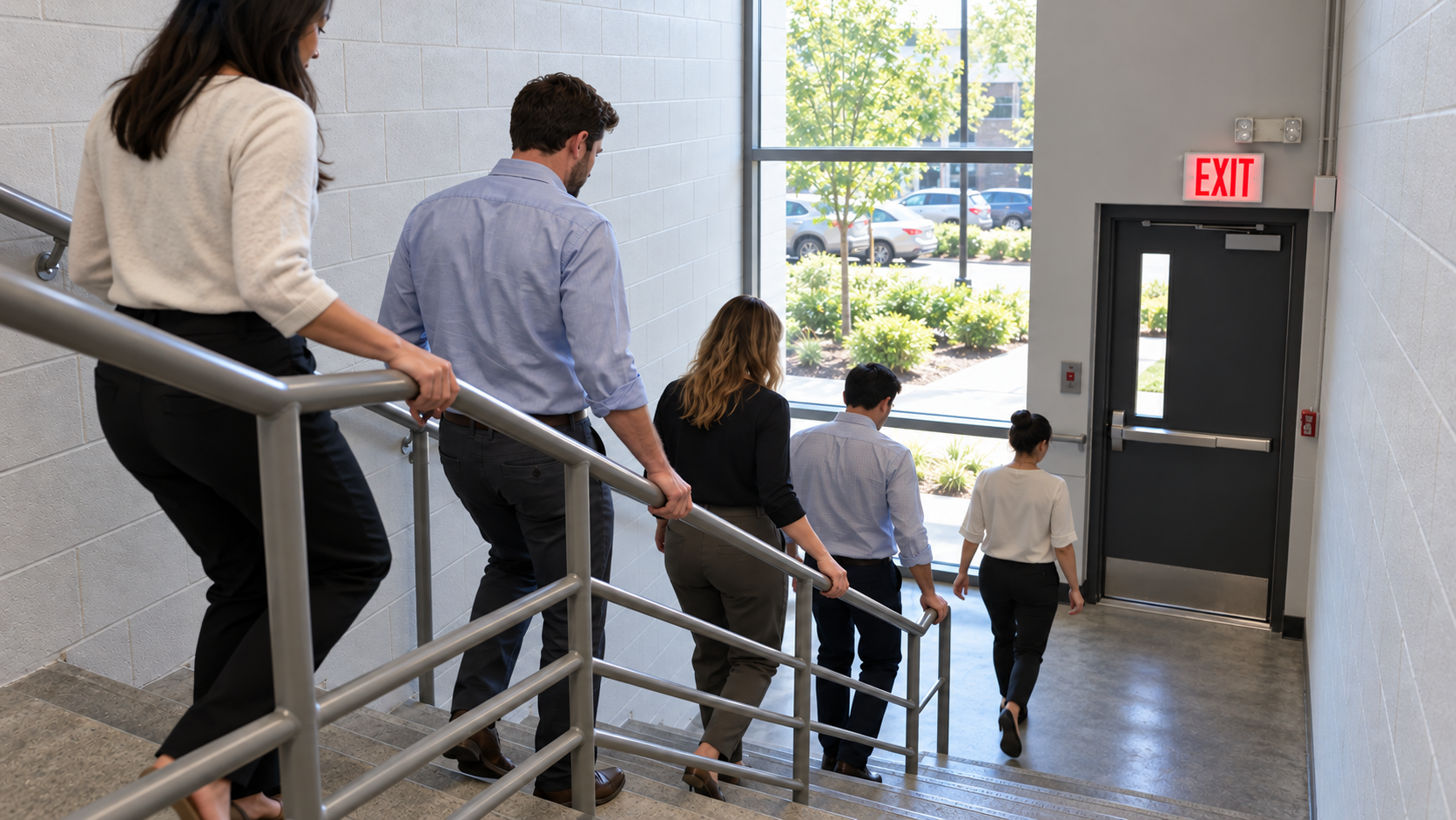 People descending a stairwell with metal railings toward a door marked EXIT.