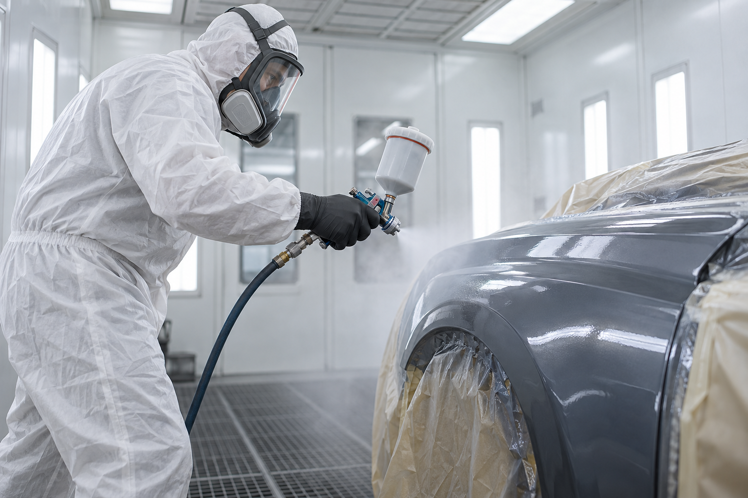 Worker in white protective suit spray-painting a car in a bright automotive paint booth