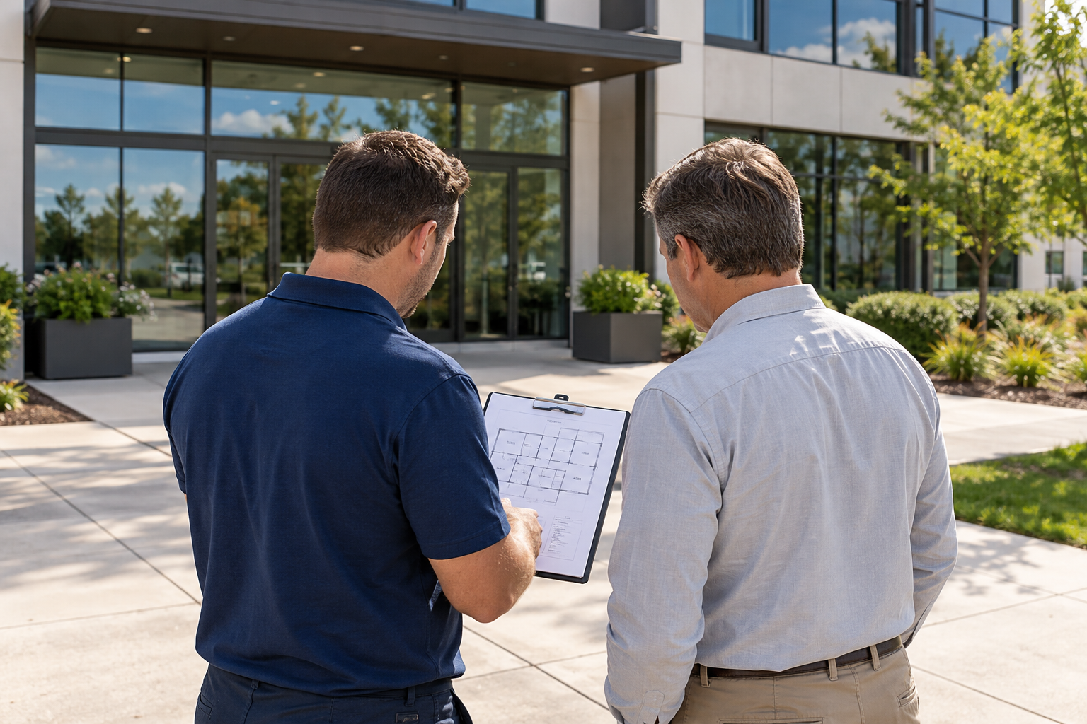 Two people reviewing paperwork outside a modern office building