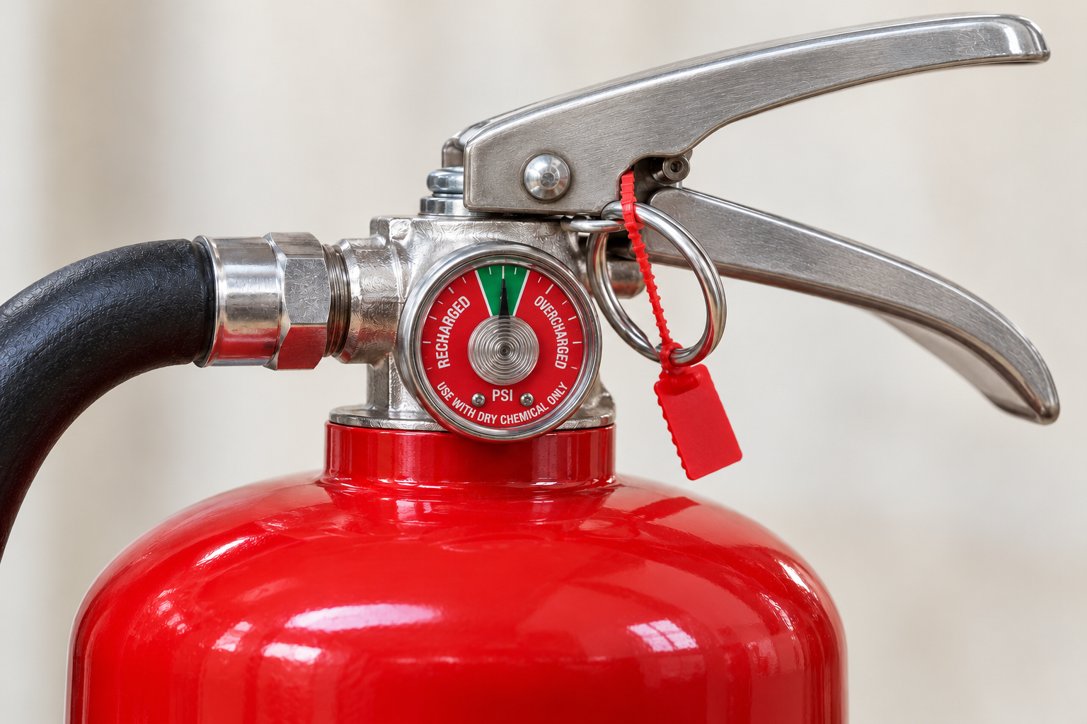 Red fire extinguisher with black hose and pressure gauge, close-up on a plain background