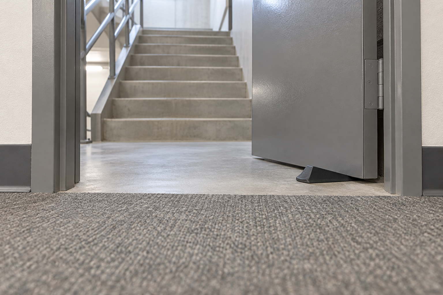 Open doorway to a carpeted hallway with stairs and a partially open gray door