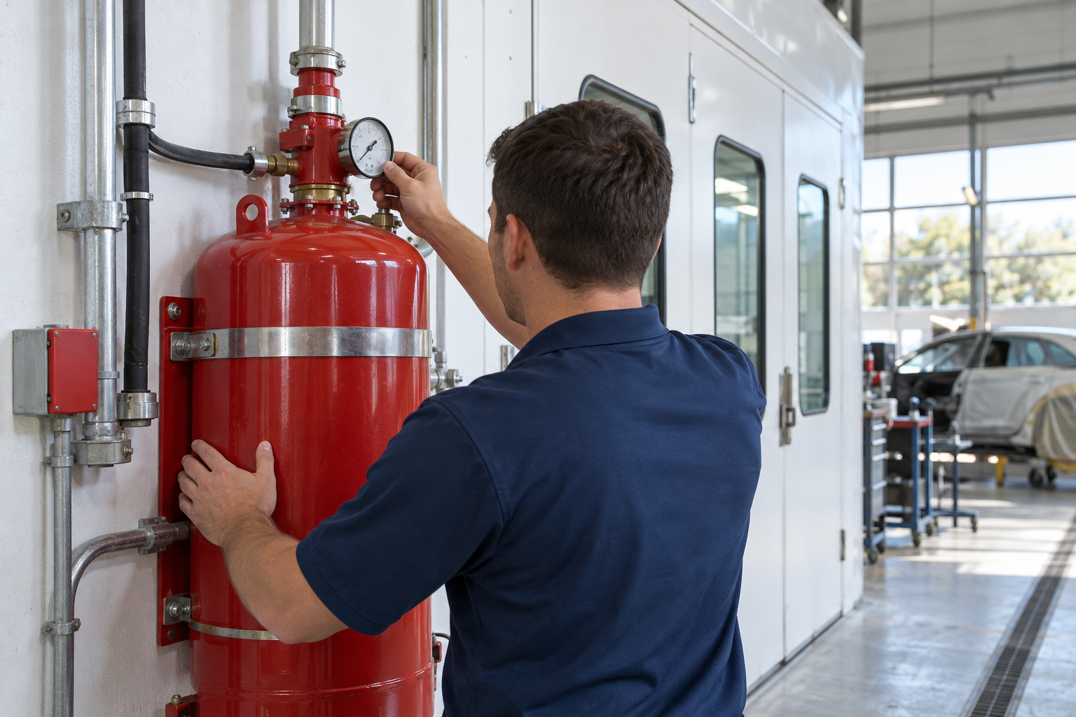 Technician adjusting a red fire suppression tank in an industrial facility
