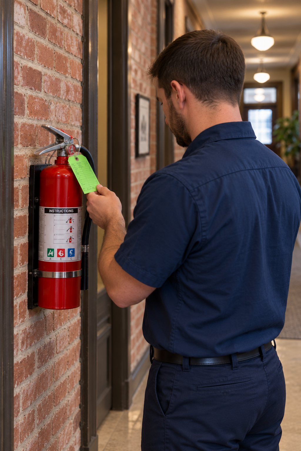 Person in navy uniform checking a red fire extinguisher in a hallway.