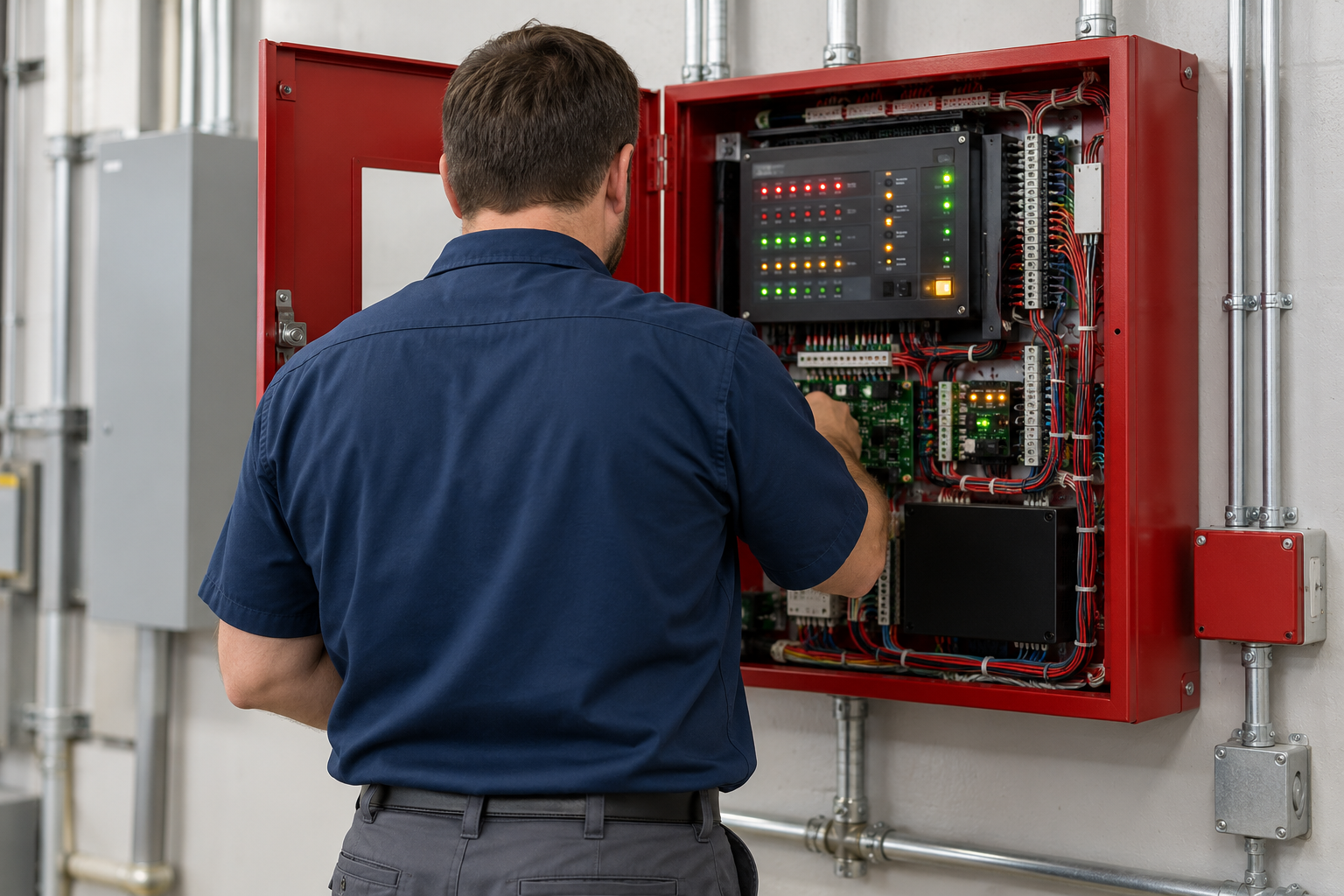 Technician inspecting fire alarm panel in a red wall-mounted cabinet