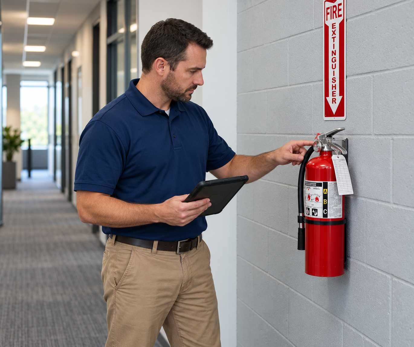 Man with tablet inspecting a red fire extinguisher mounted on a hallway wall