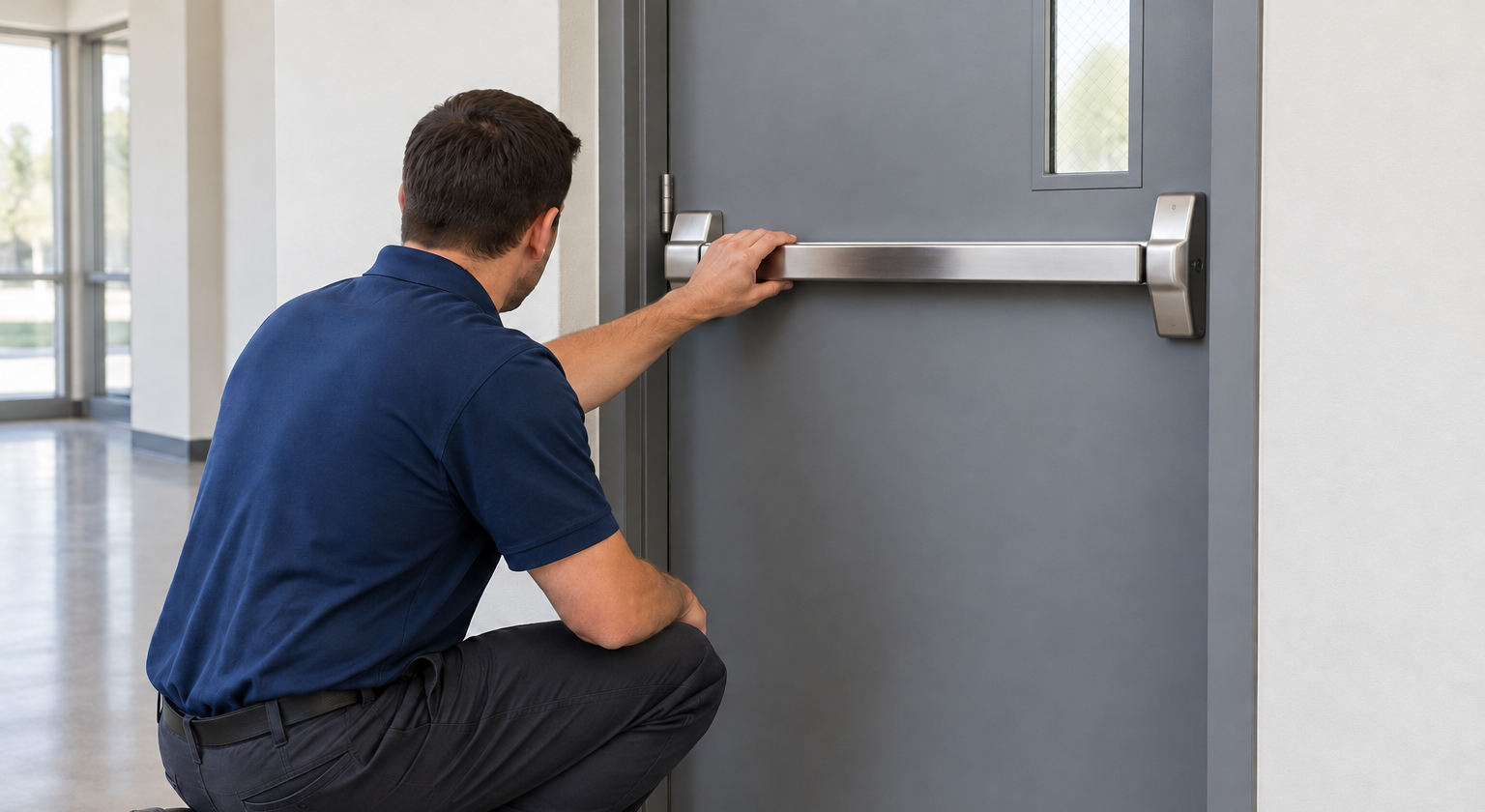 Man in blue shirt testing a gray door closer on a gray door in a hallway