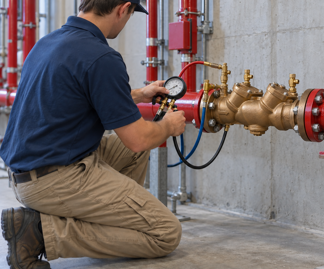 Technician kneeling to inspect a brass pipe valve with a pressure gauge in an industrial setting