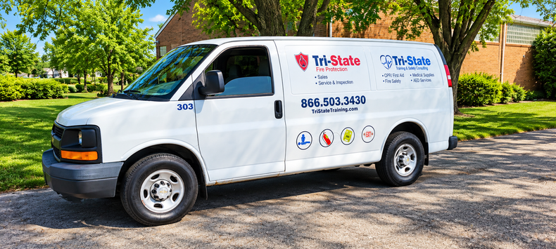 White work van with company logos parked on a street beside a house.