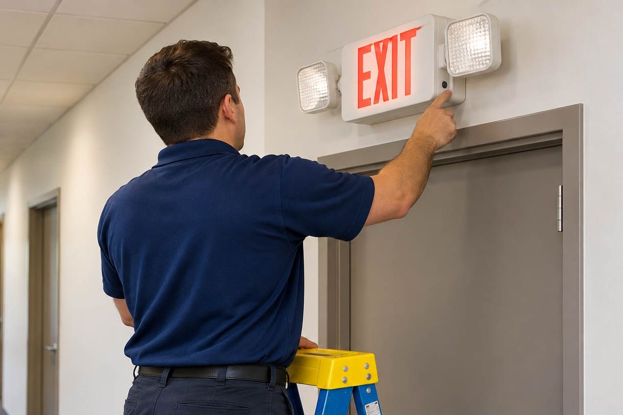 Technician adjusting an EXIT sign above a doorway on a ladder