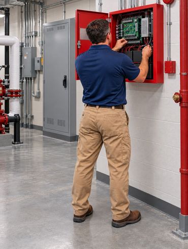 Technician using a wall-mounted control panel in an industrial facility, with red fire pipes visible nearby