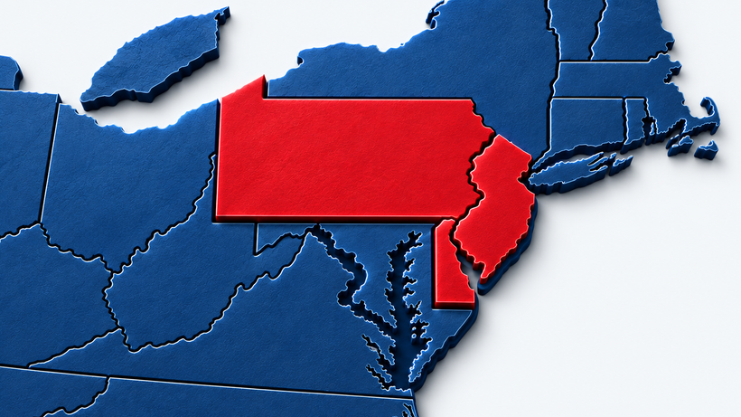 Pennsylvania highlighted in red on a blue map of northeastern U.S. states