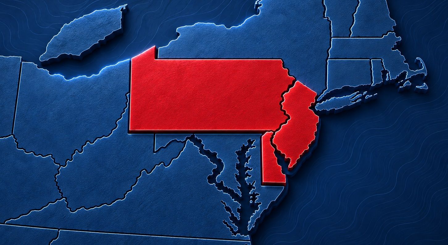 Pennsylvania, Delaware, and New Jersey highlighted in red on a blue map of the northeastern United States