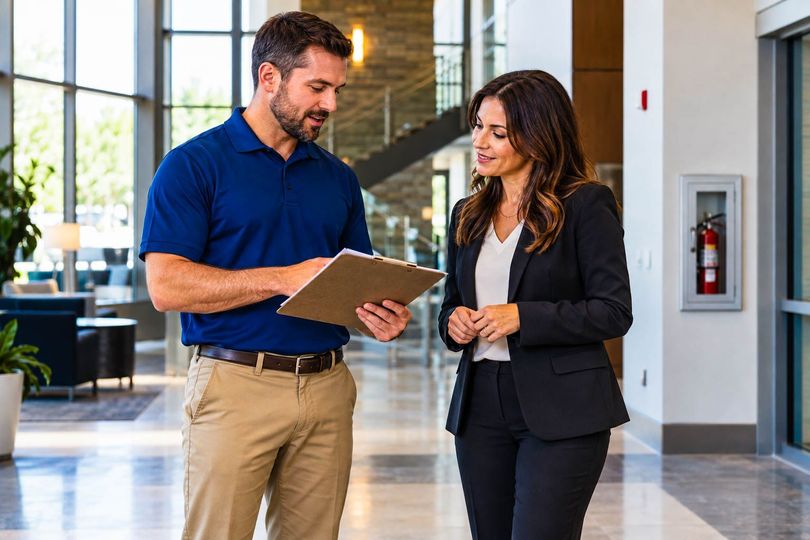 Two coworkers reviewing a clipboard in a bright office lobby