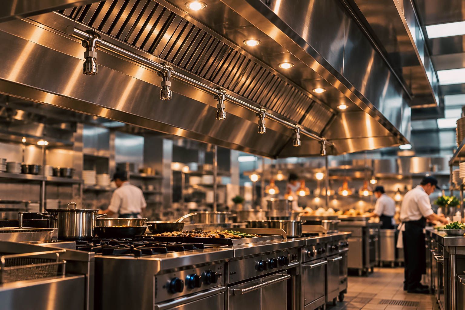 Busy commercial kitchen with stainless steel stoves, hanging lights, and chefs working in the background