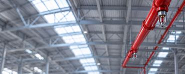 Industrial warehouse ceiling with skylights and red overhead pipes