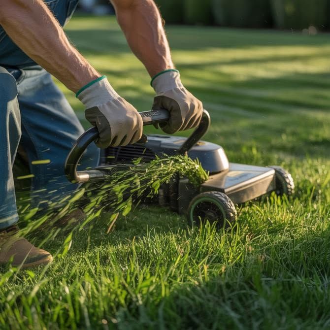 Hands pushing a lawn mower through green grass in a sunny yard