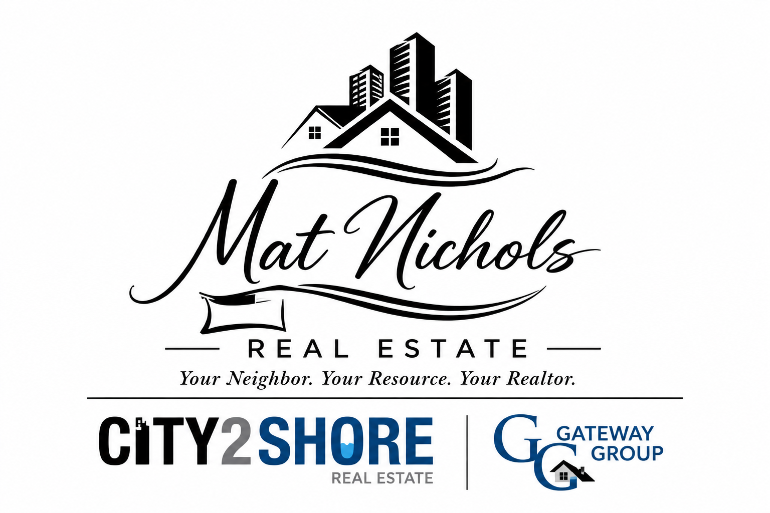 Real estate logo collage with Mat Nichols, City2Shore, and Gateway Group branding