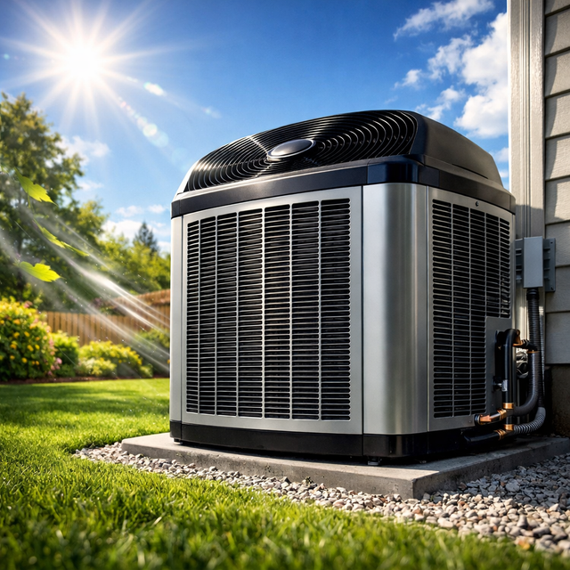 A modern outdoor air conditioning unit sits on a concrete pad in a sunny, green backyard next to a house wall.