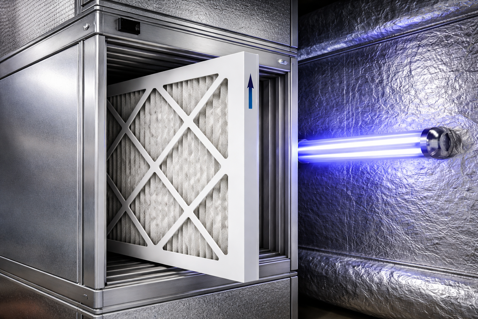 A clean air filter being installed into a metal HVAC unit next to an illuminated blue UV germicidal lamp.