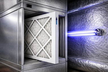 A clean air filter being installed into a metal HVAC unit next to an illuminated blue UV germicidal lamp.