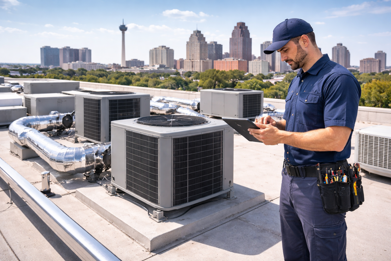 A technician in a blue uniform checks a digital tablet while standing on a roof near HVAC units against a city skyline.
